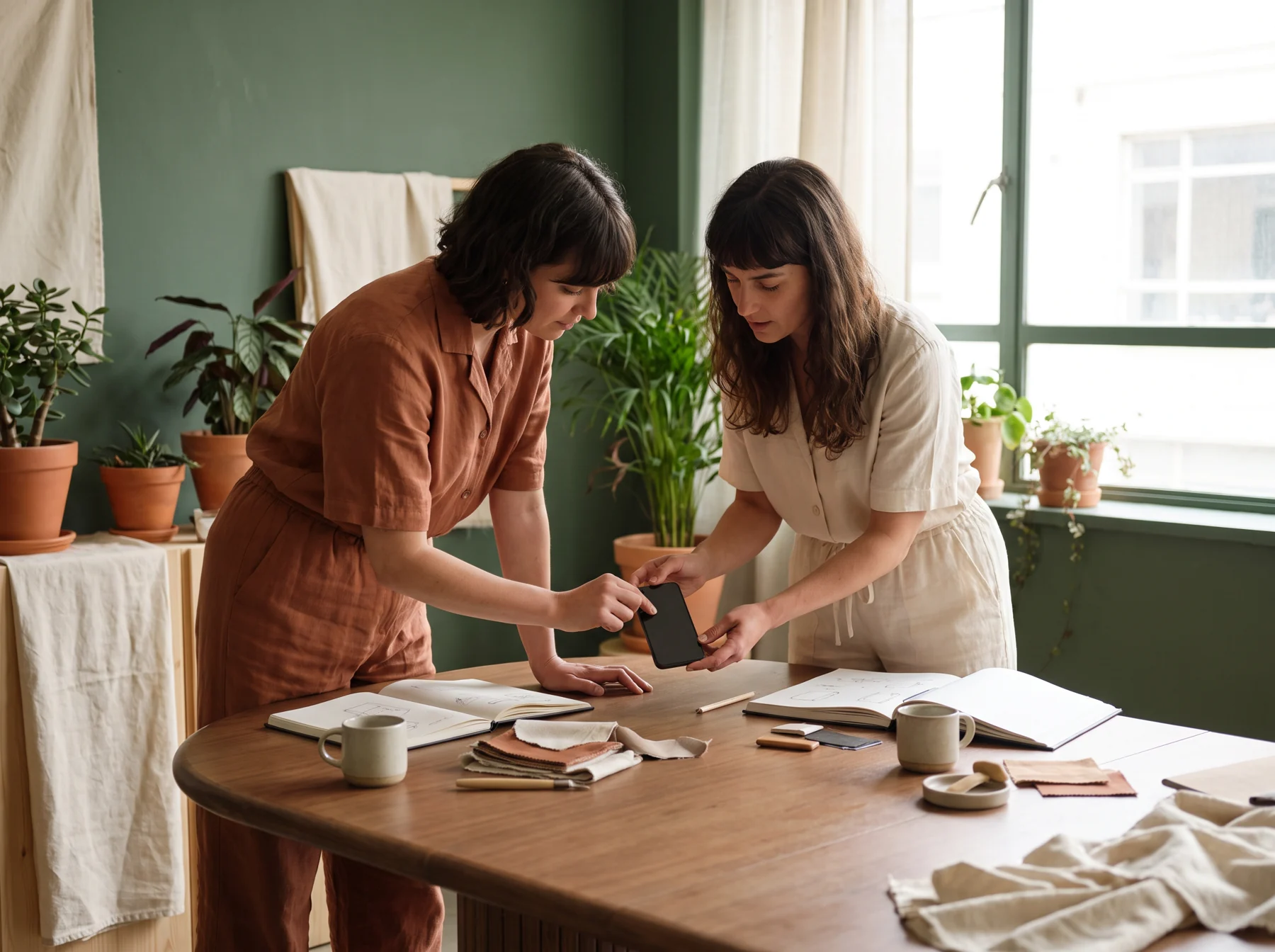 Two designers testing a phone prototype