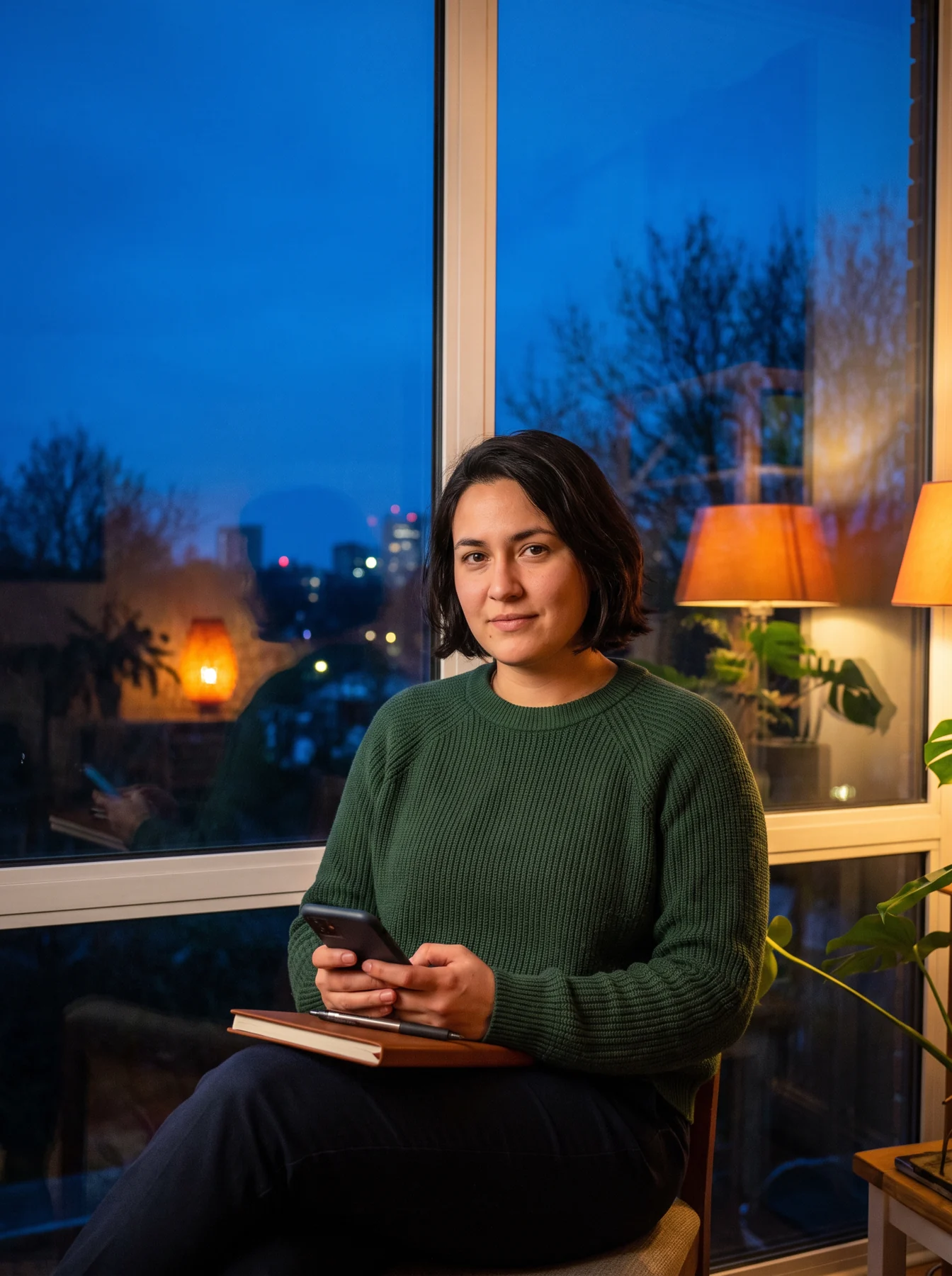 Product designer with a phone at dusk